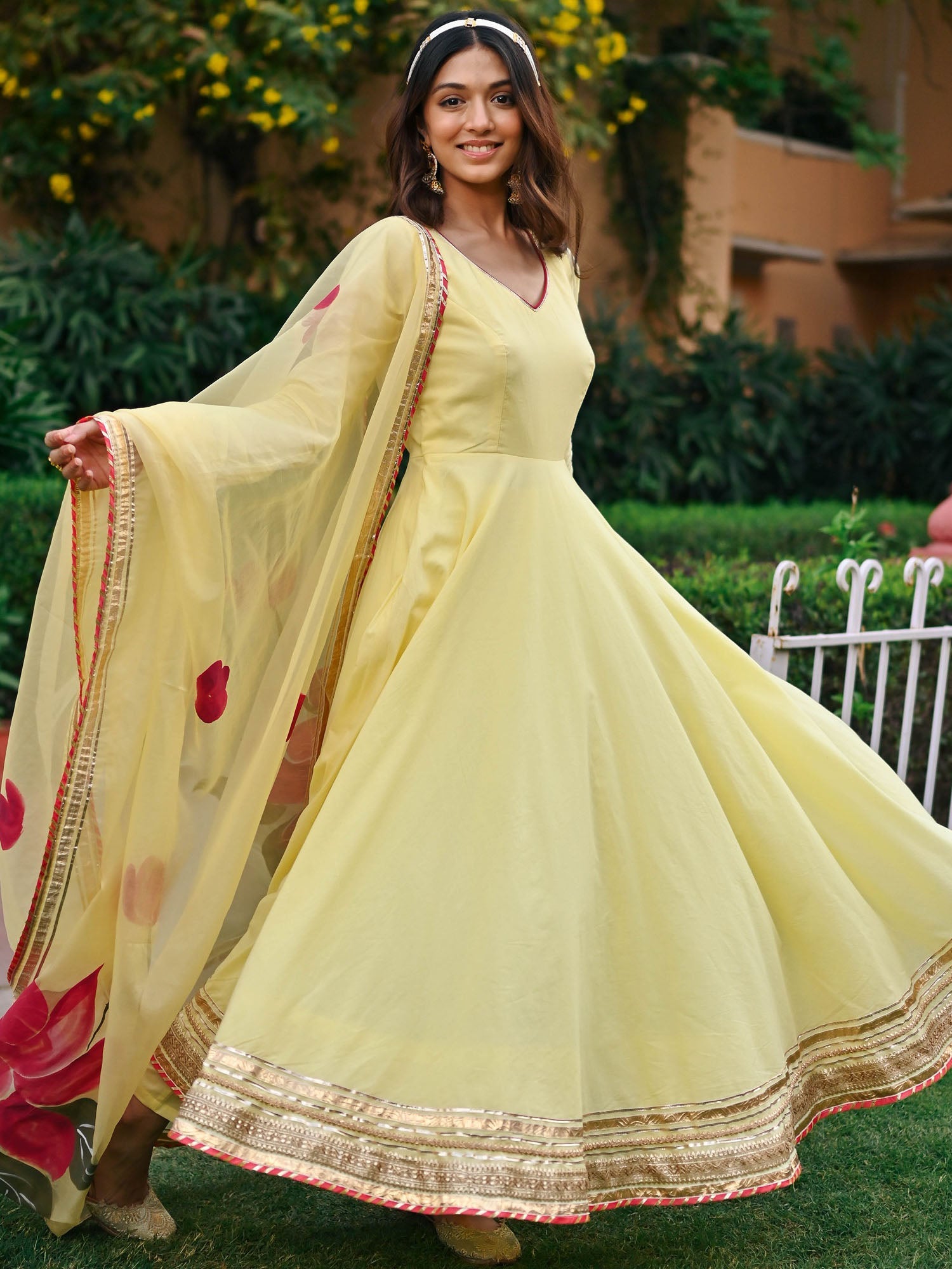 Yellow Handbrush Anarkali Set