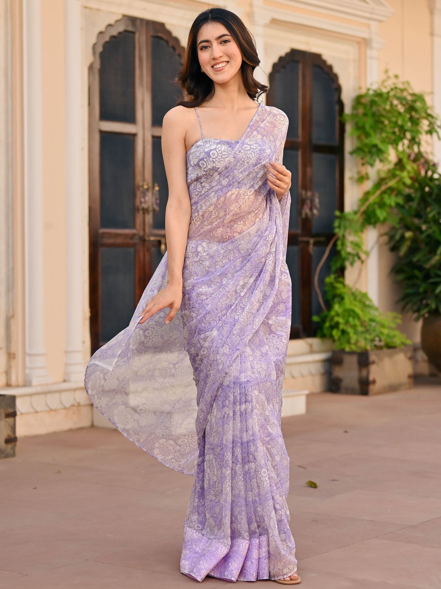 Lavendar Handblock Printed Chiffon Saree