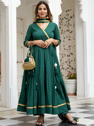 Dark Green Cotton Flared Kurta and Pant Set