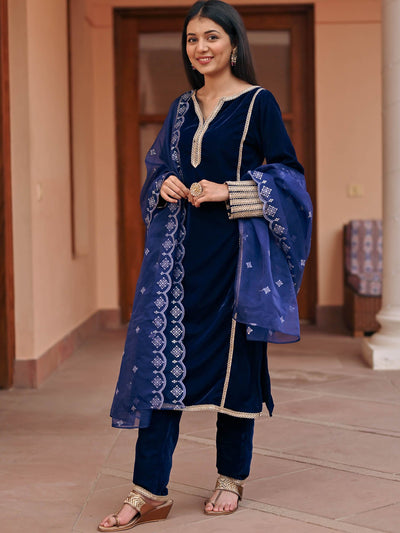 Blue Handwork Velvet Kurta Set