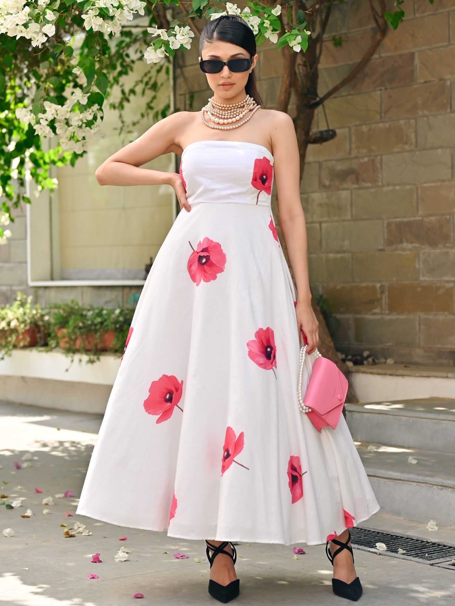 pink and white flower dress MEADOWA Cream Floral Corset Midi ensuring youll stand out from the crowd with its fresh and modern aesthetic Make It Your Own Pink