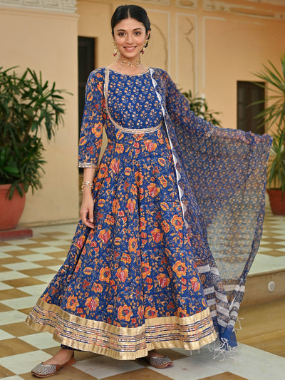 Blue Handblock Printed Anarkali Set