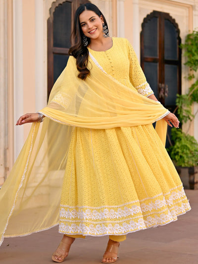 Yellow Schiffli Anarkali Set