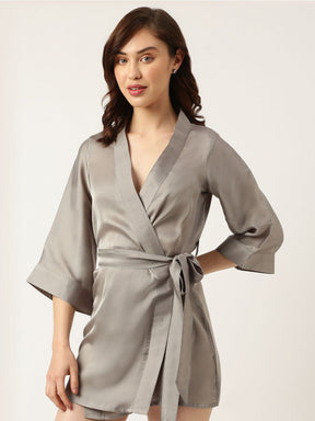 Bride Embroidered Grey Silk Robe - Main Image