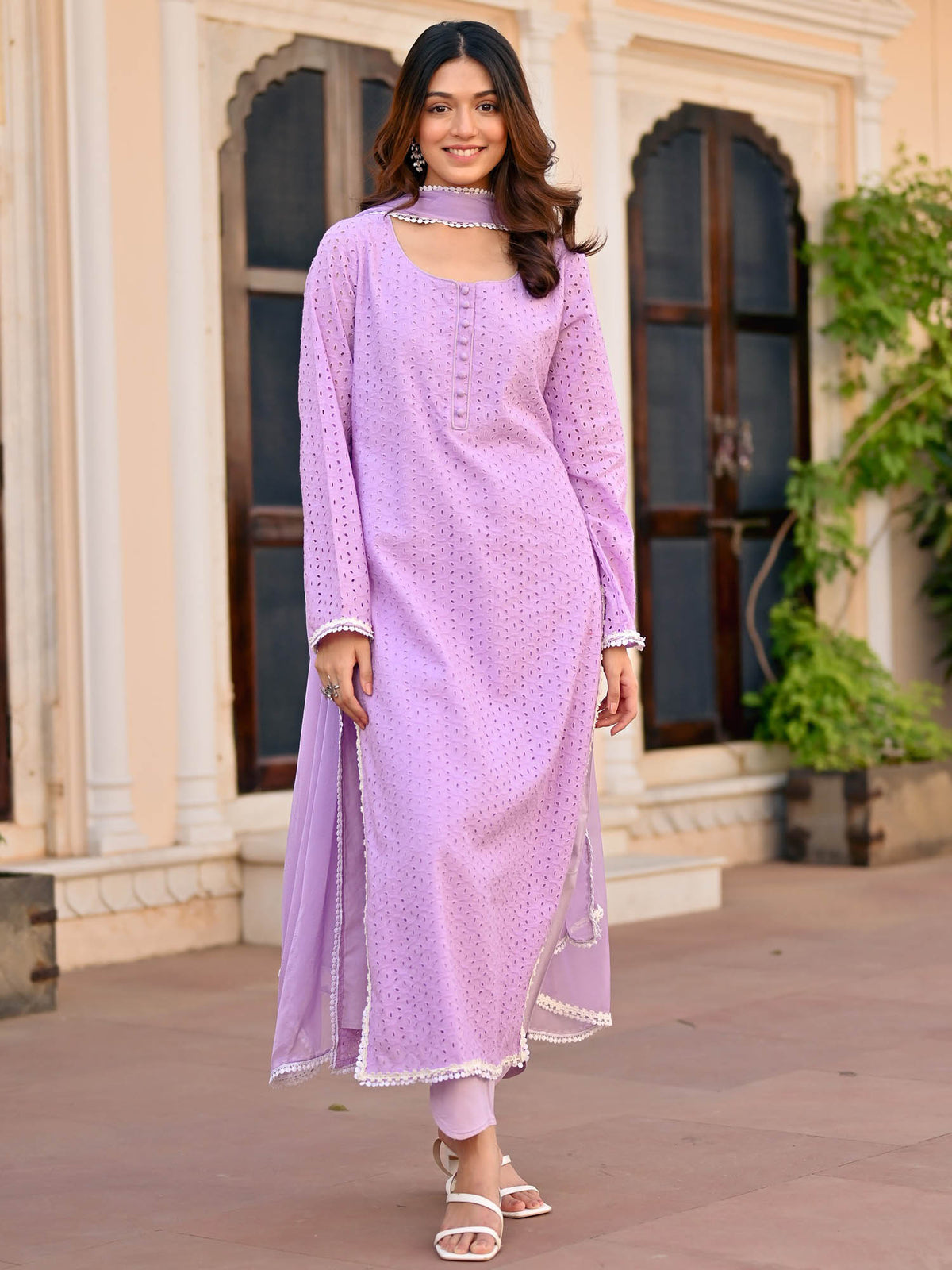 Lavendar Schiffli Kurta Set