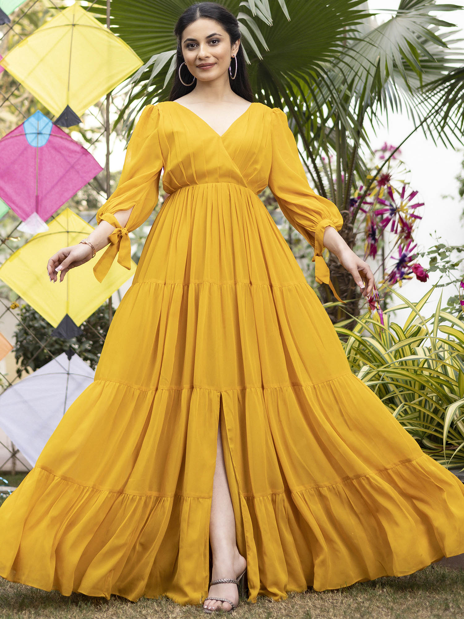Mustard Yellow Pleated Angrakha Style Floor Length Dress