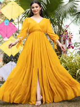 Mustard Yellow Pleated Angrakha Style Floor Length Dress
