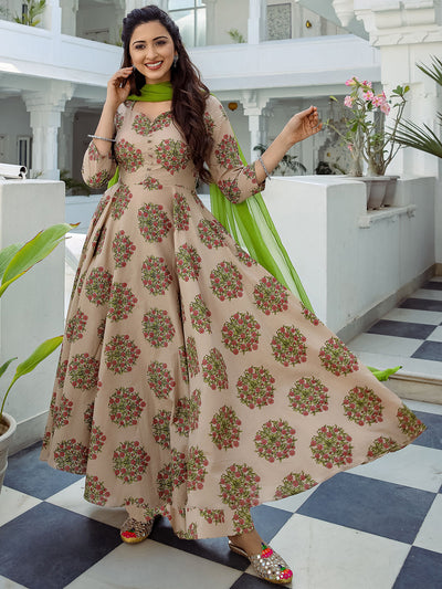 Beige Printed Cotton  Kurta Pant