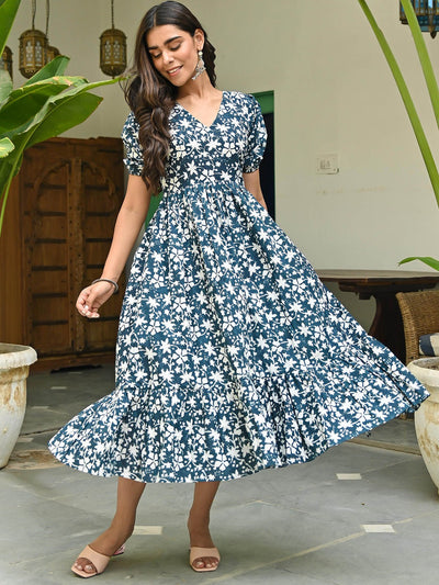 Blue Hand Printed Dress