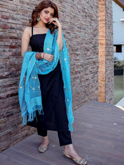 Black Solid Cotton Kurta Pant Two Peice Set