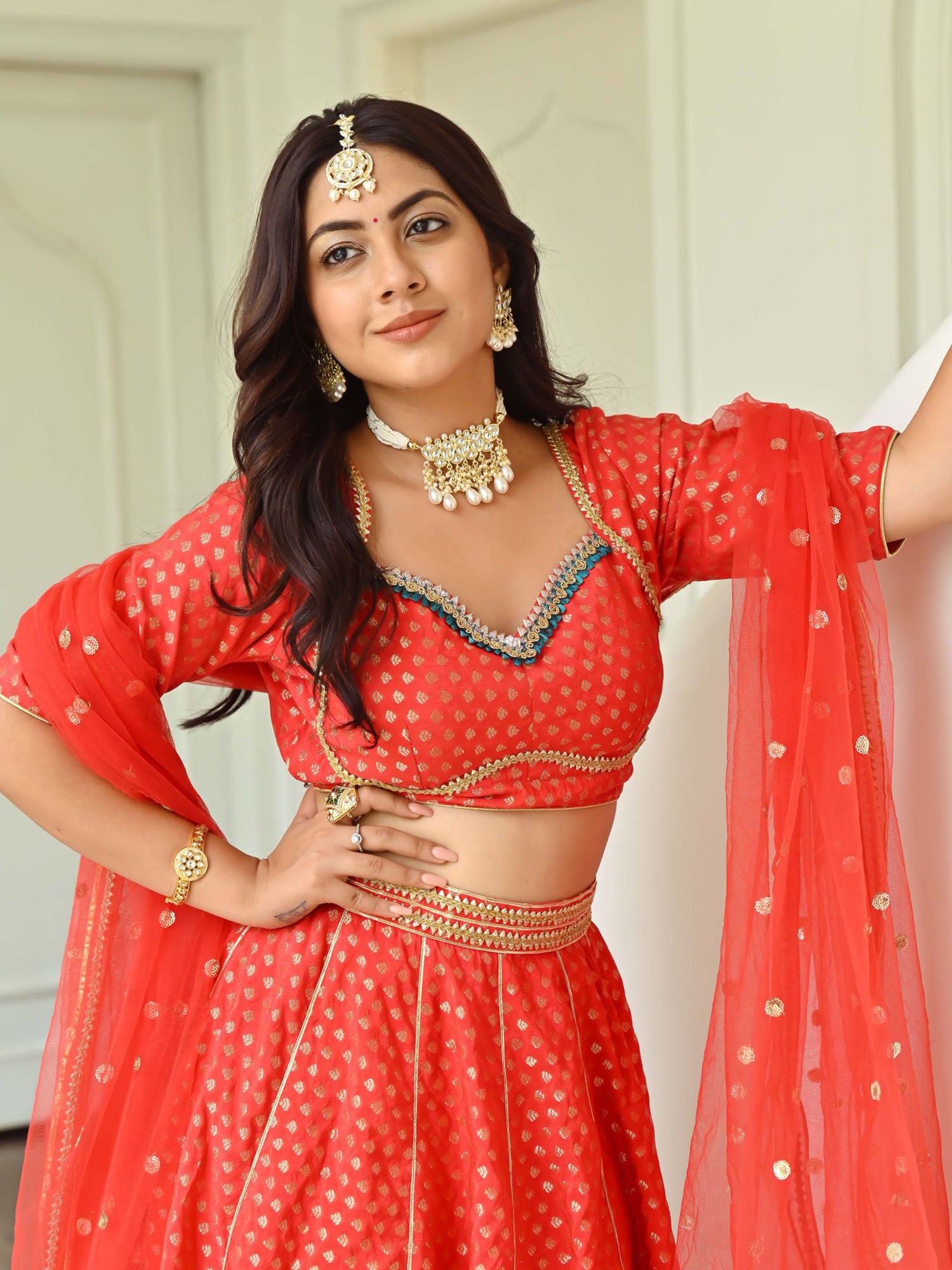 Red Brocade Lehenga Set