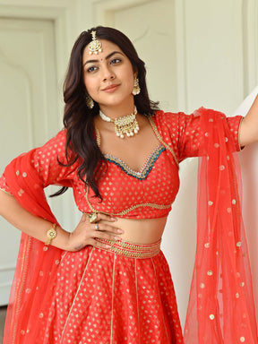 Red Brocade Lehenga Set