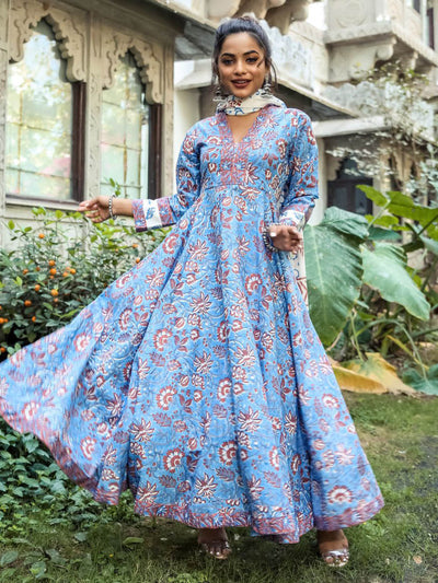 Blue Anarkali Handblock Set