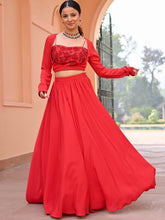 Red Embroidered Georgette Skirt Set