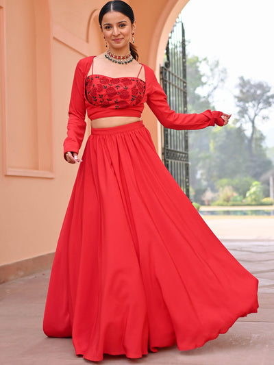 Red Embroidered Georgette Skirt Set