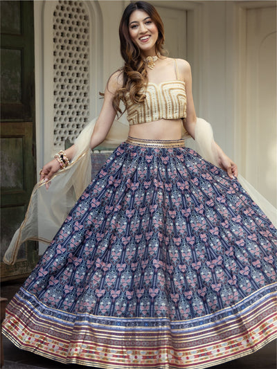 Cream Printed Lehenga Choli Set