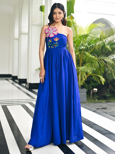 Dark Blue Flower Bouqet Long Dress