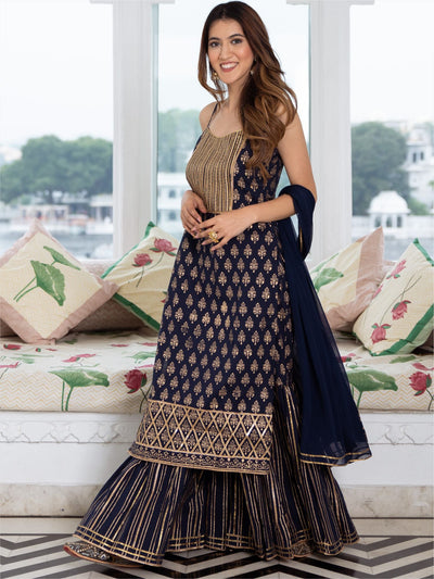 Navy Blue Cotton Printed Long Kurta and Sharara Set
