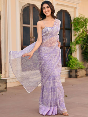 Lavendar Handblock Printed Chiffon Saree