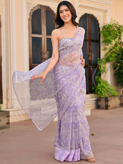 Lavendar Handblock Printed Chiffon Saree