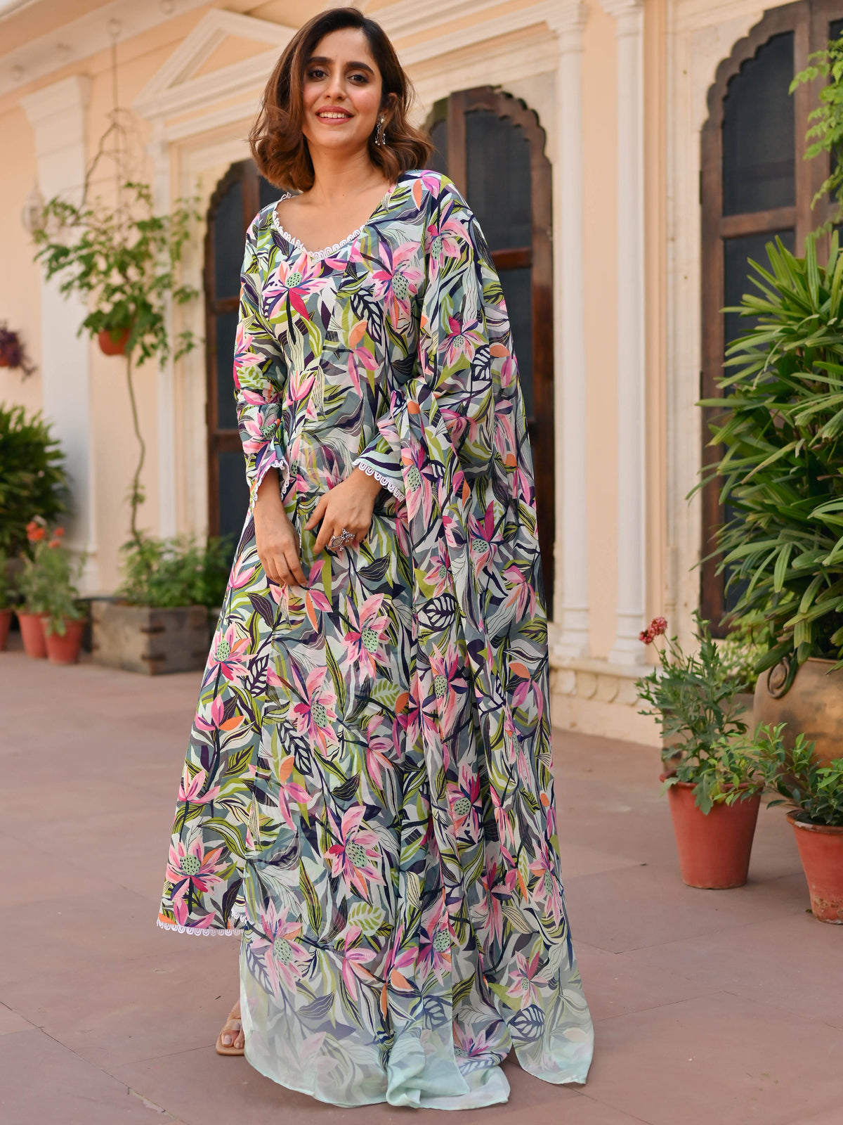 Green Print Cotton Anarkali Set
