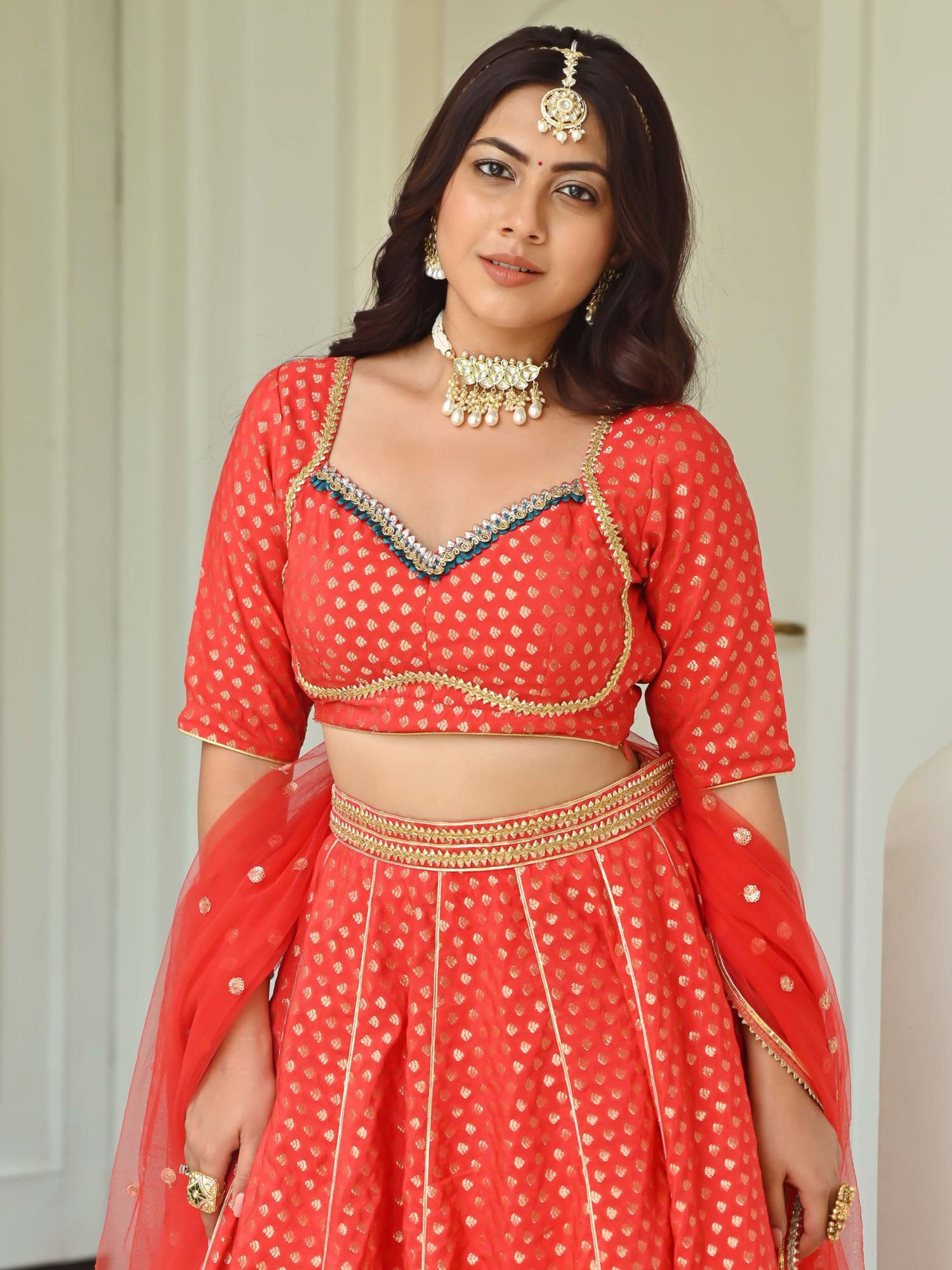 Red Brocade Lehenga Set