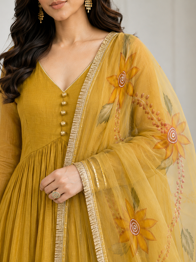 Yellow Anarkali with Floral Organza Dupatta