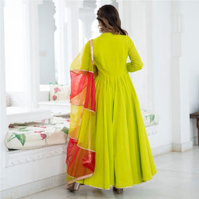 Neon Green Cotton Flared Anarkali and Pant Set