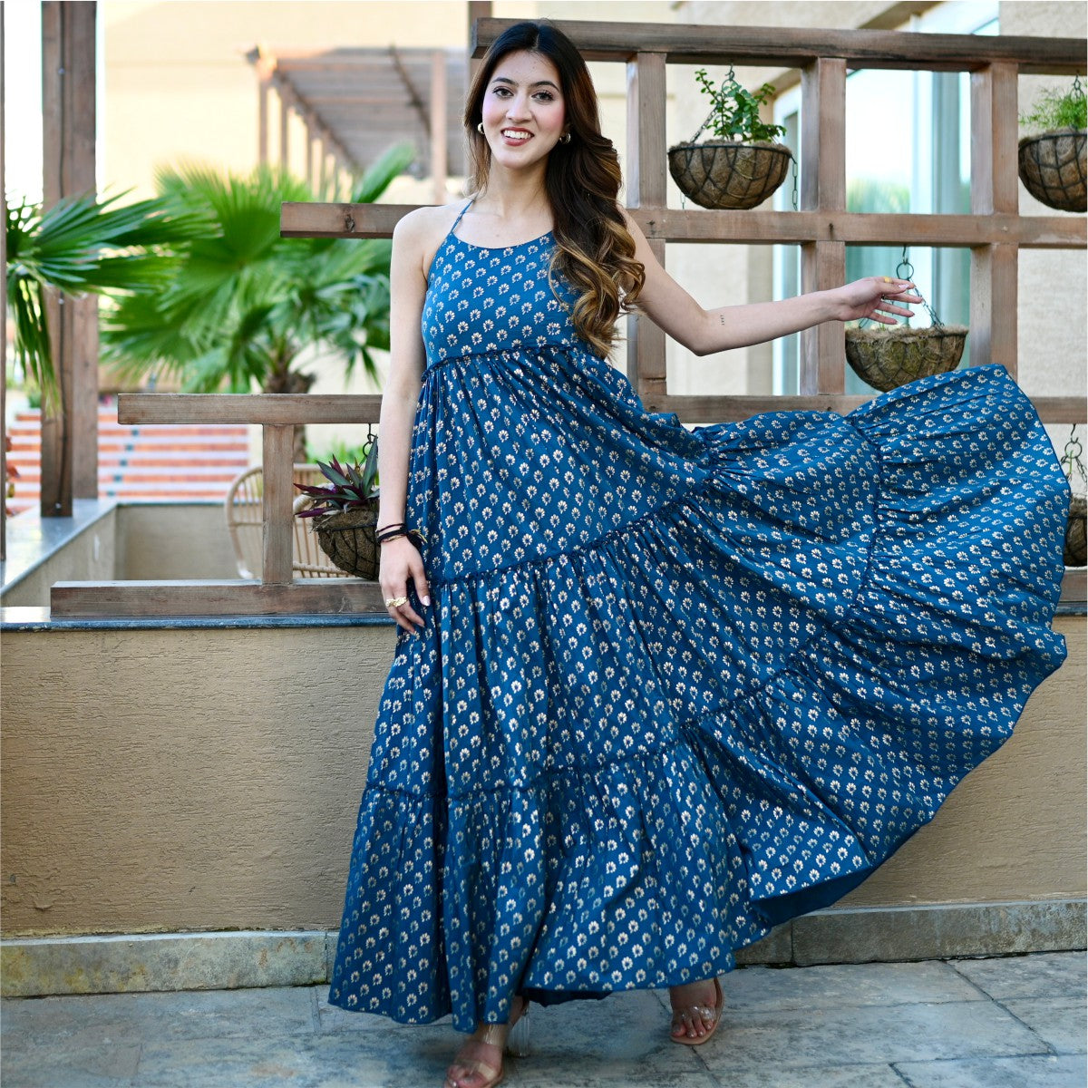 Blue Foil Printed Tiered Dress