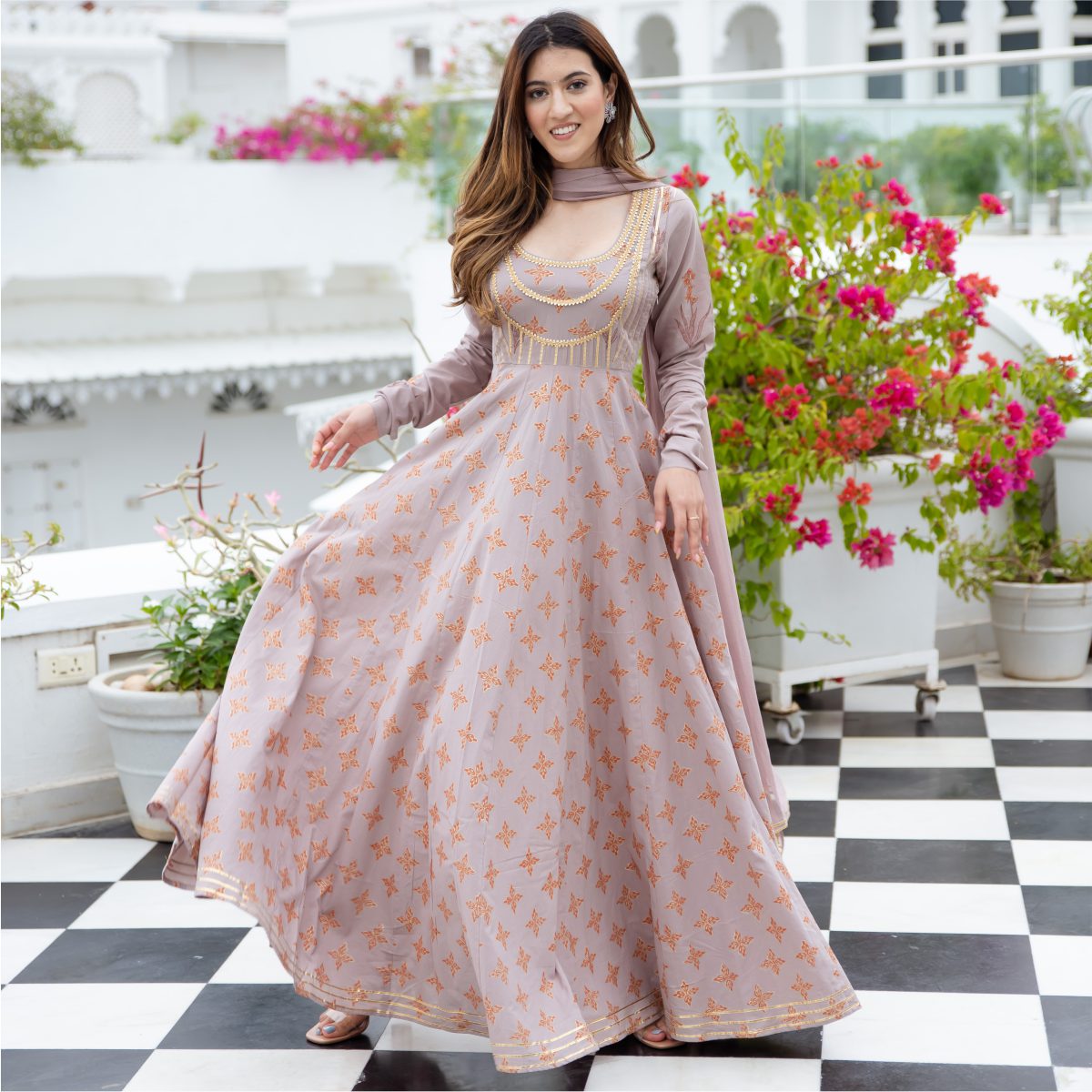 Cotton Printed Flared Anarkali With Dupatta