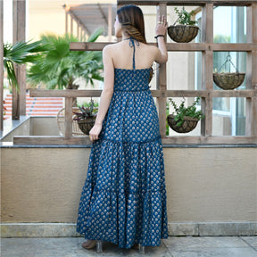 Blue Foil Printed Tiered Dress