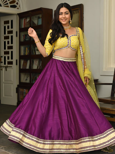Yellow  Purple Silk Lehenga