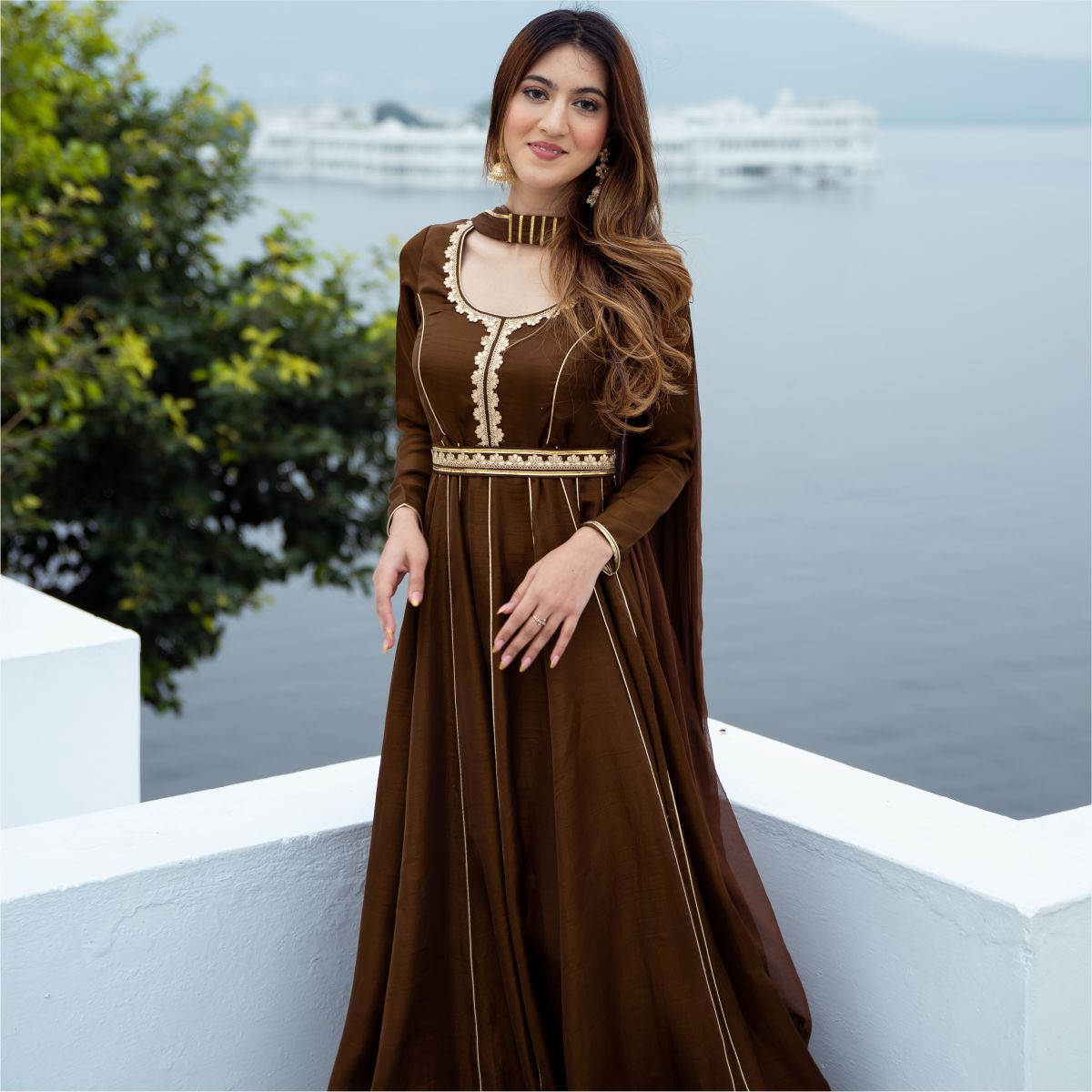 Chocolate Brown Silk Long Dress With Dupatta