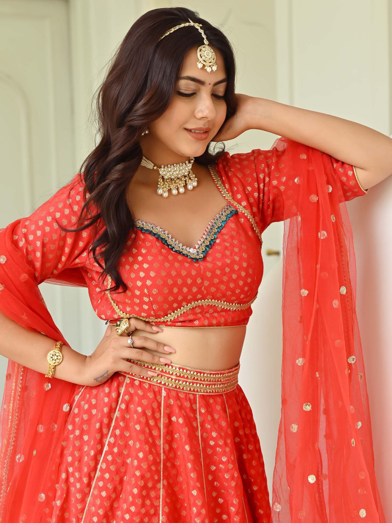 Red Brocade Lehenga Set