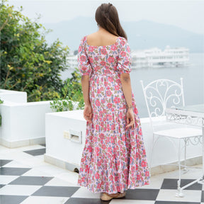 Pink Cotton Printed Flared Long Dress