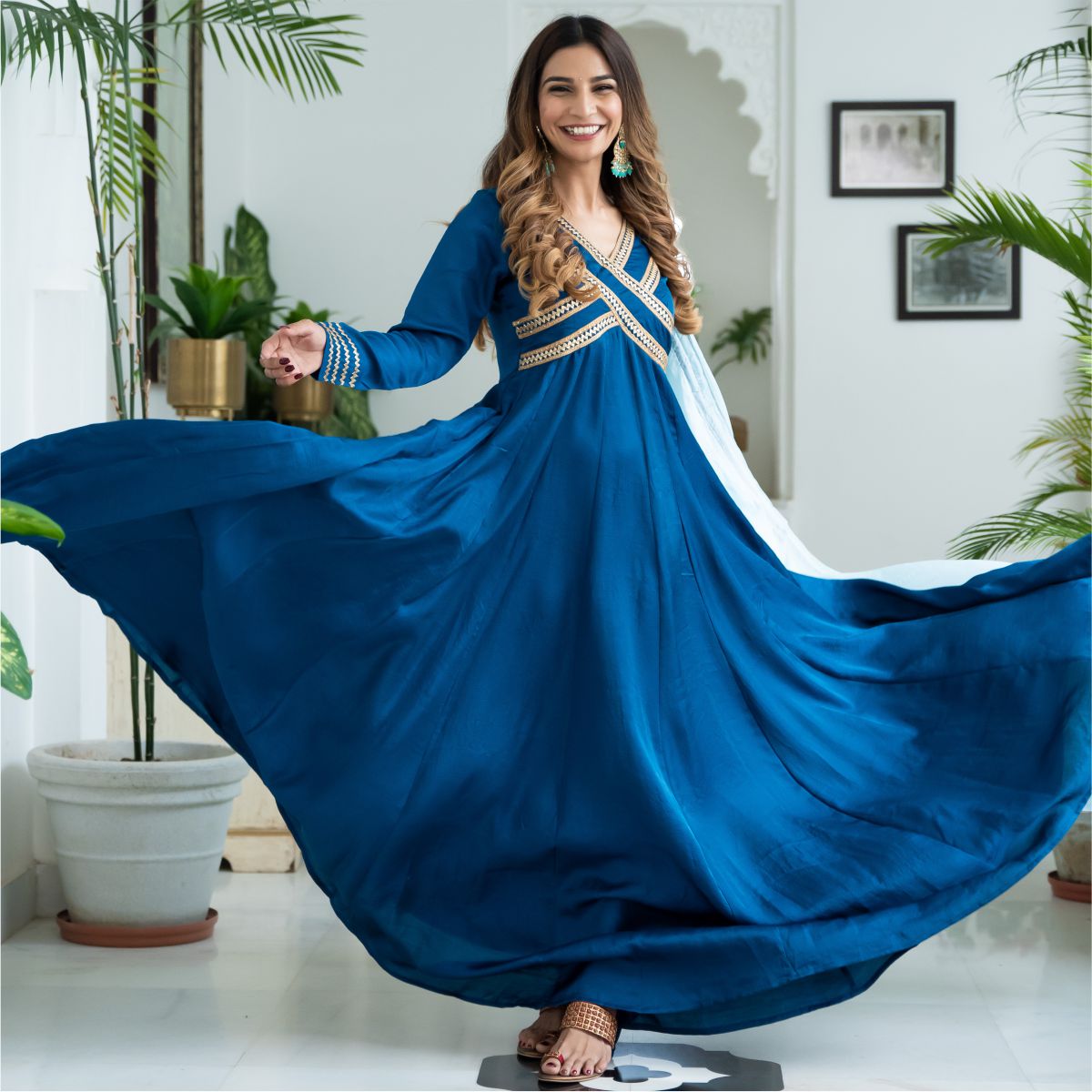 Blue Silk Long Dress With Dupatta