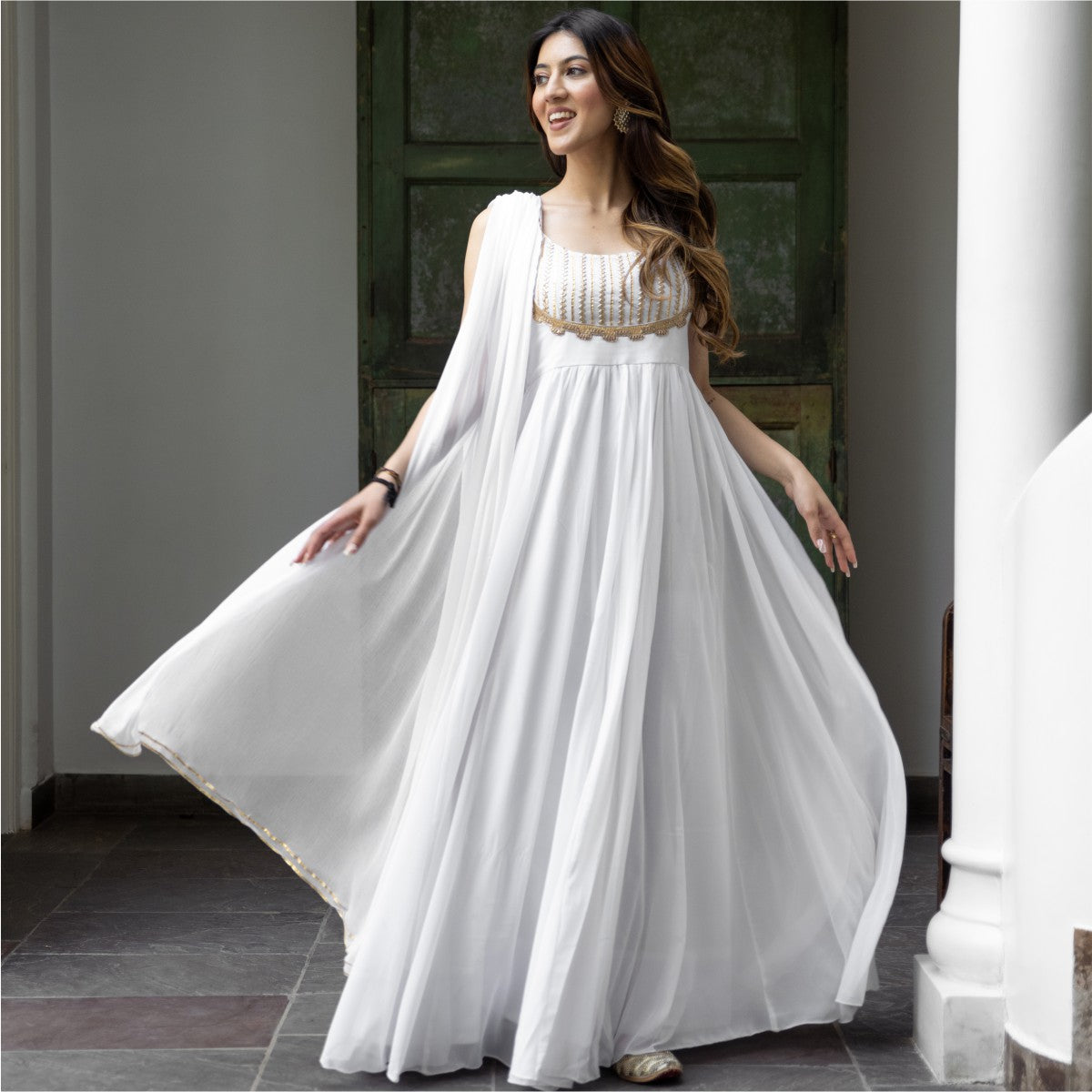 White Georgette Long Dress Set