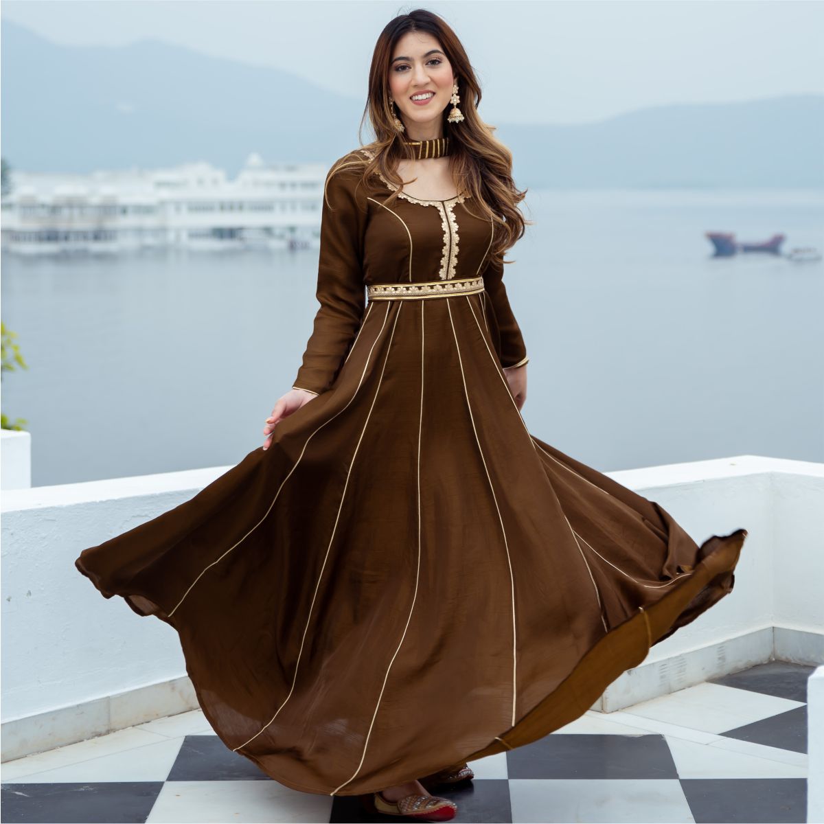 Chocolate Brown Silk Long Dress With Dupatta