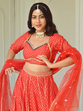 Red Brocade Lehenga Set