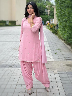 Pink Hand Embroidered Patiyala Suit