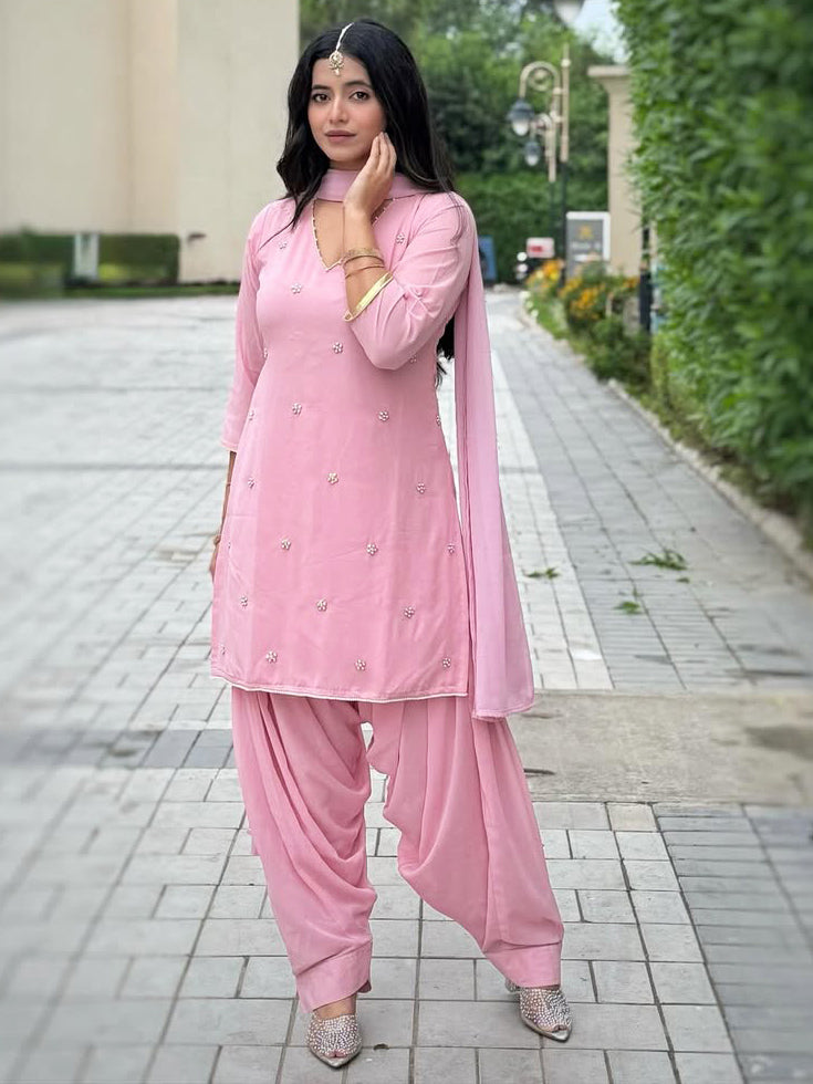 Pink Hand Embroidered Patiyala Suit