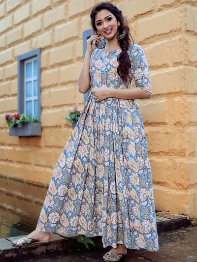 Blue Handblock Printed Long Dress