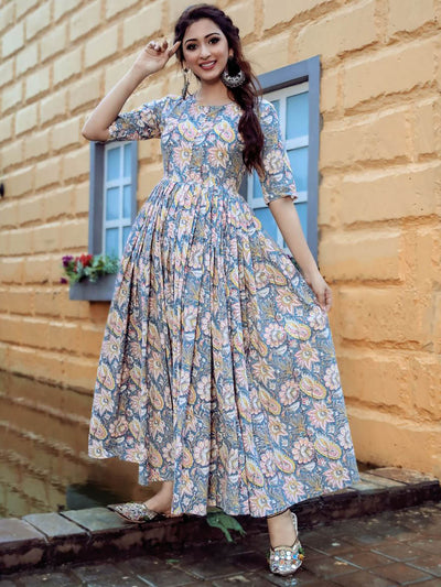 Blue Handblock Printed Long Dress