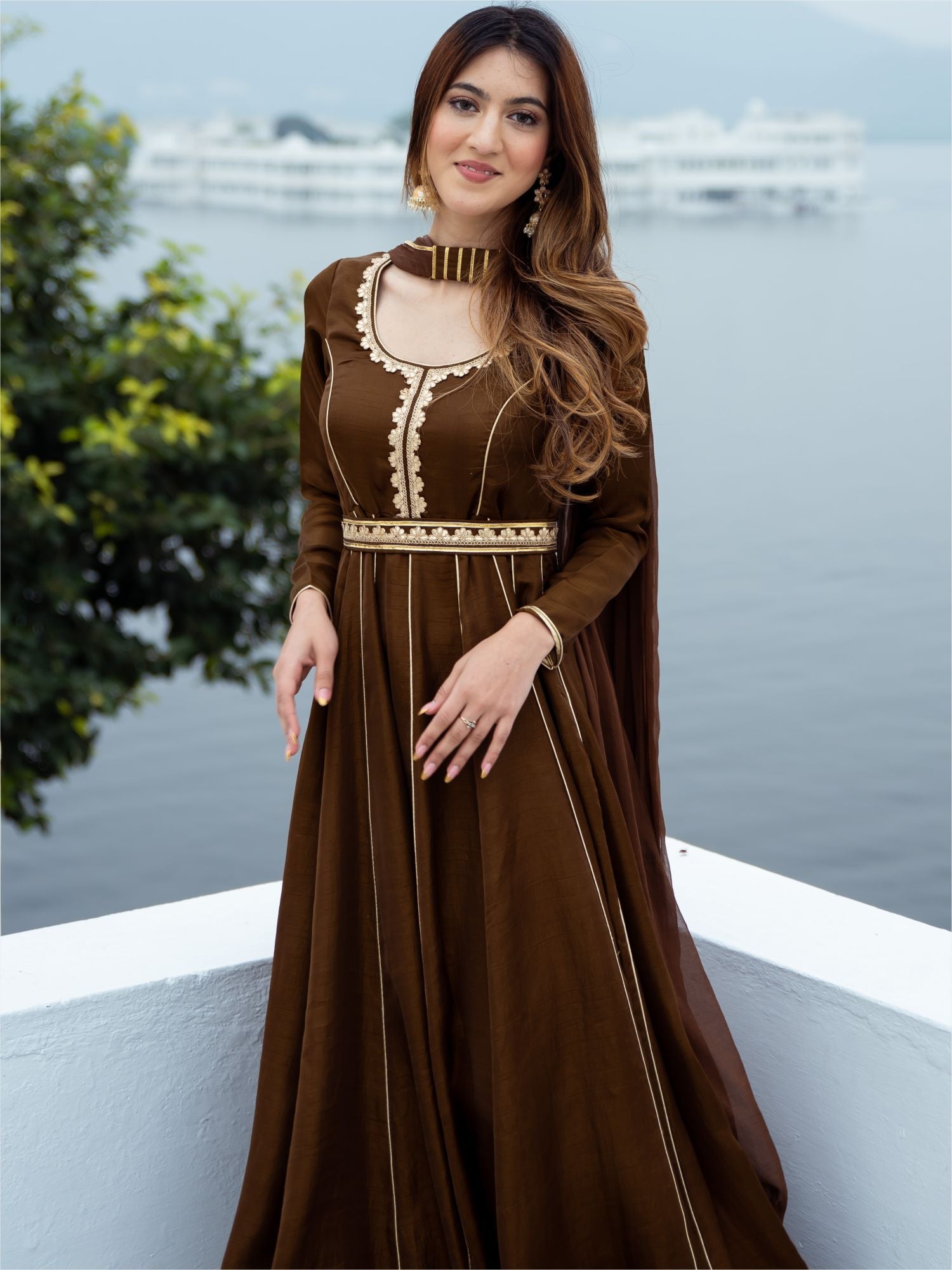 Chocolate Brown Silk Long Dress With Dupatta | Lavanya The Label XXL Chocolate Brown Silk Long Dress With Dupatta | Lavanya The Label XXL