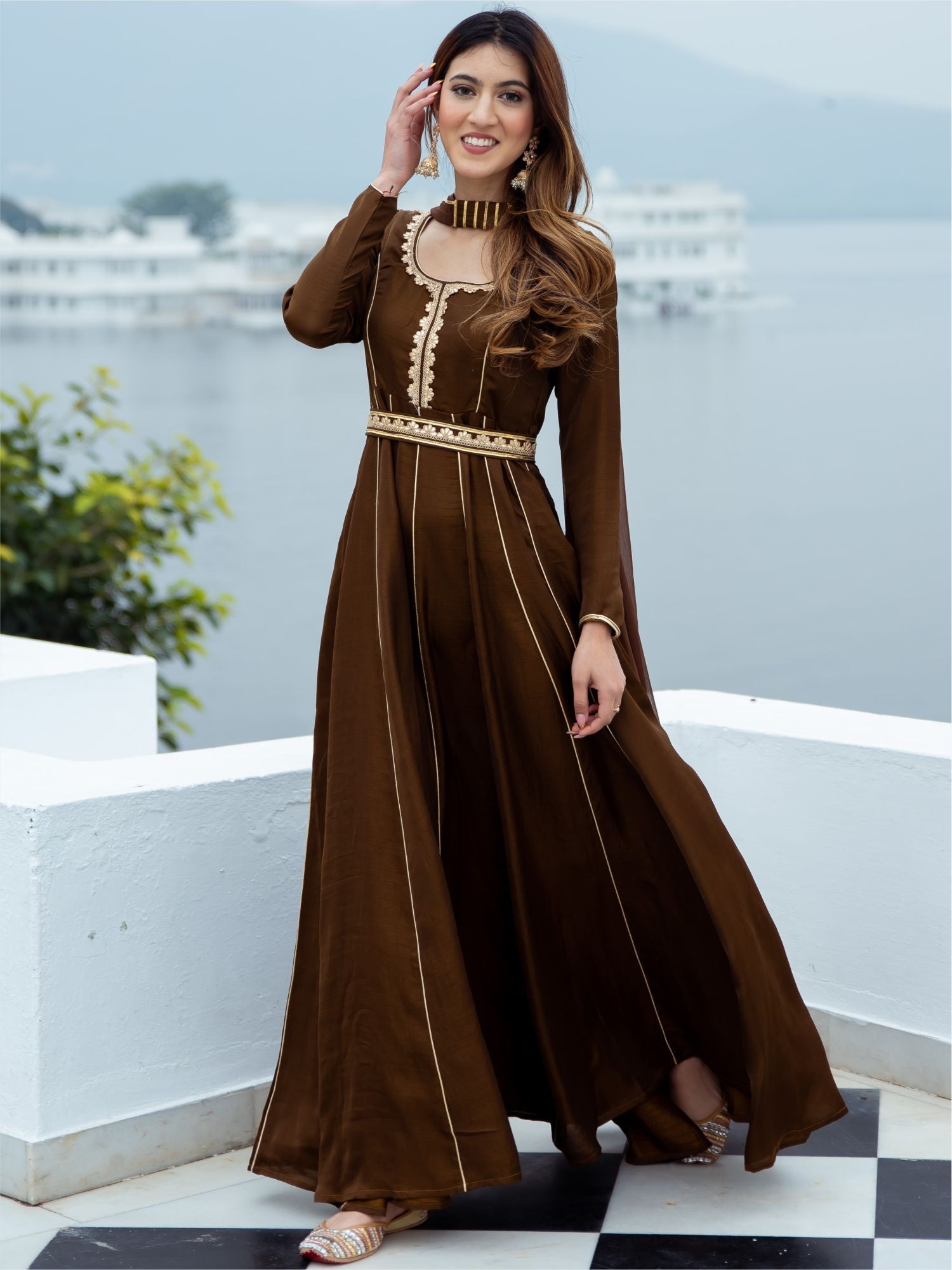 Chocolate Brown Silk Long Dress With Dupatta | Lavanya The Label Chocolate Brown Silk Long Dress With Dupatta | Lavanya The Label