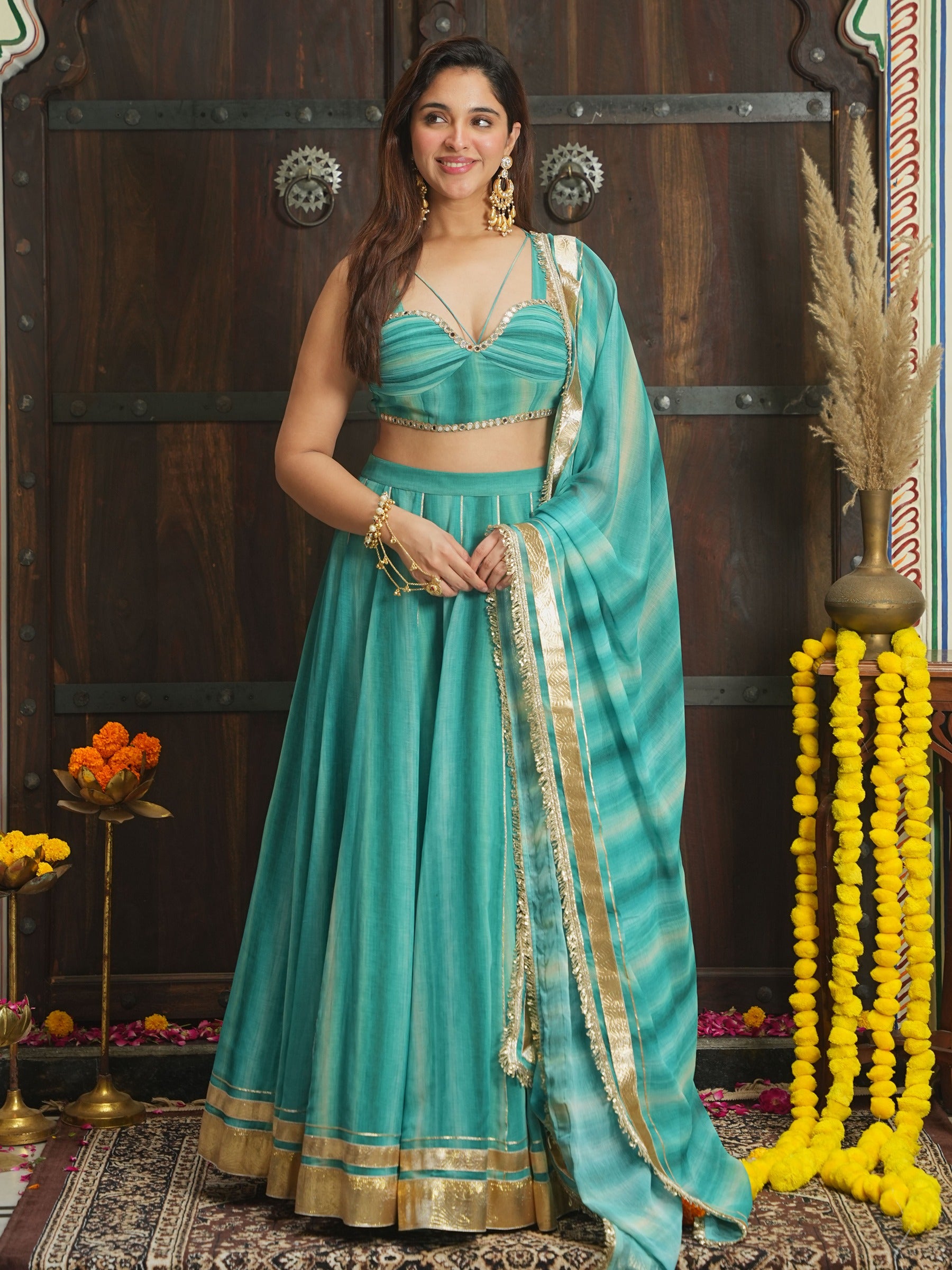 TEAL GREEN MULTI LEHENGA SET