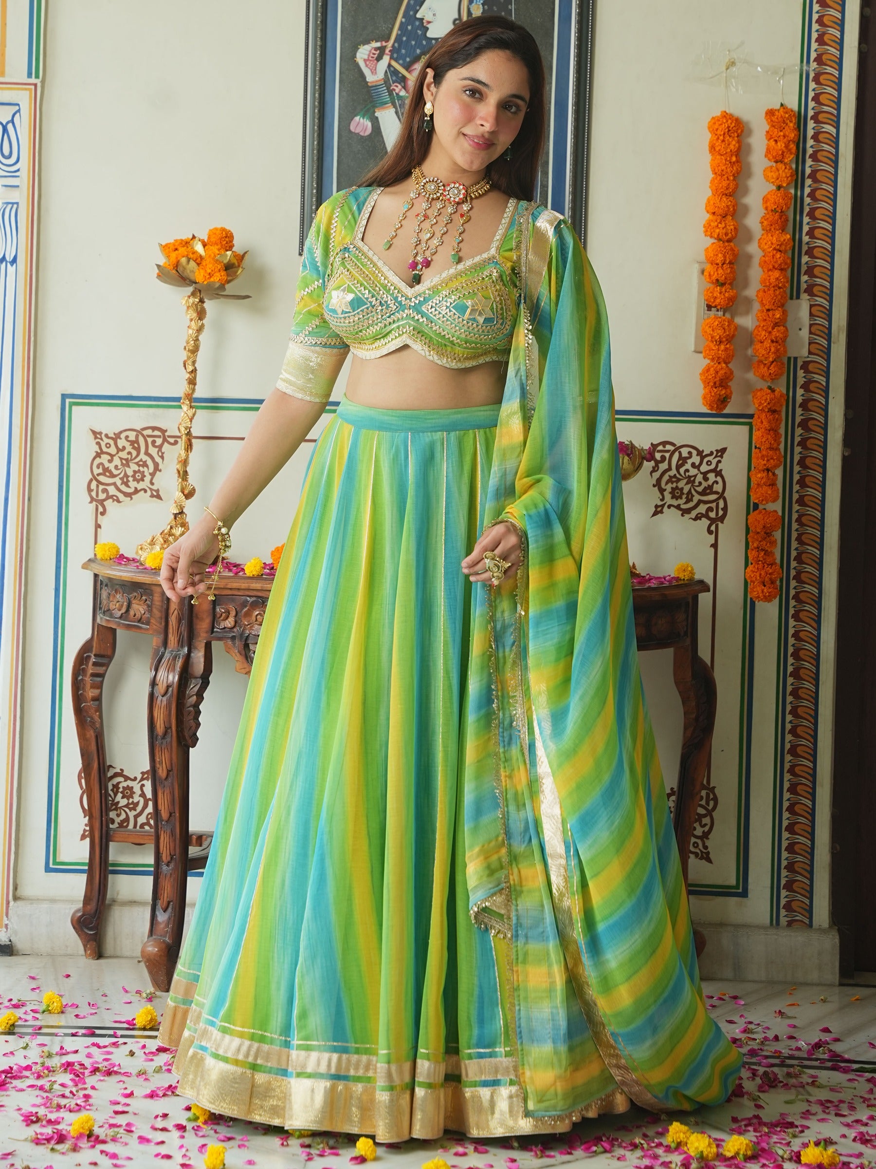 YELLOW AND GREEN LEHENGA SET