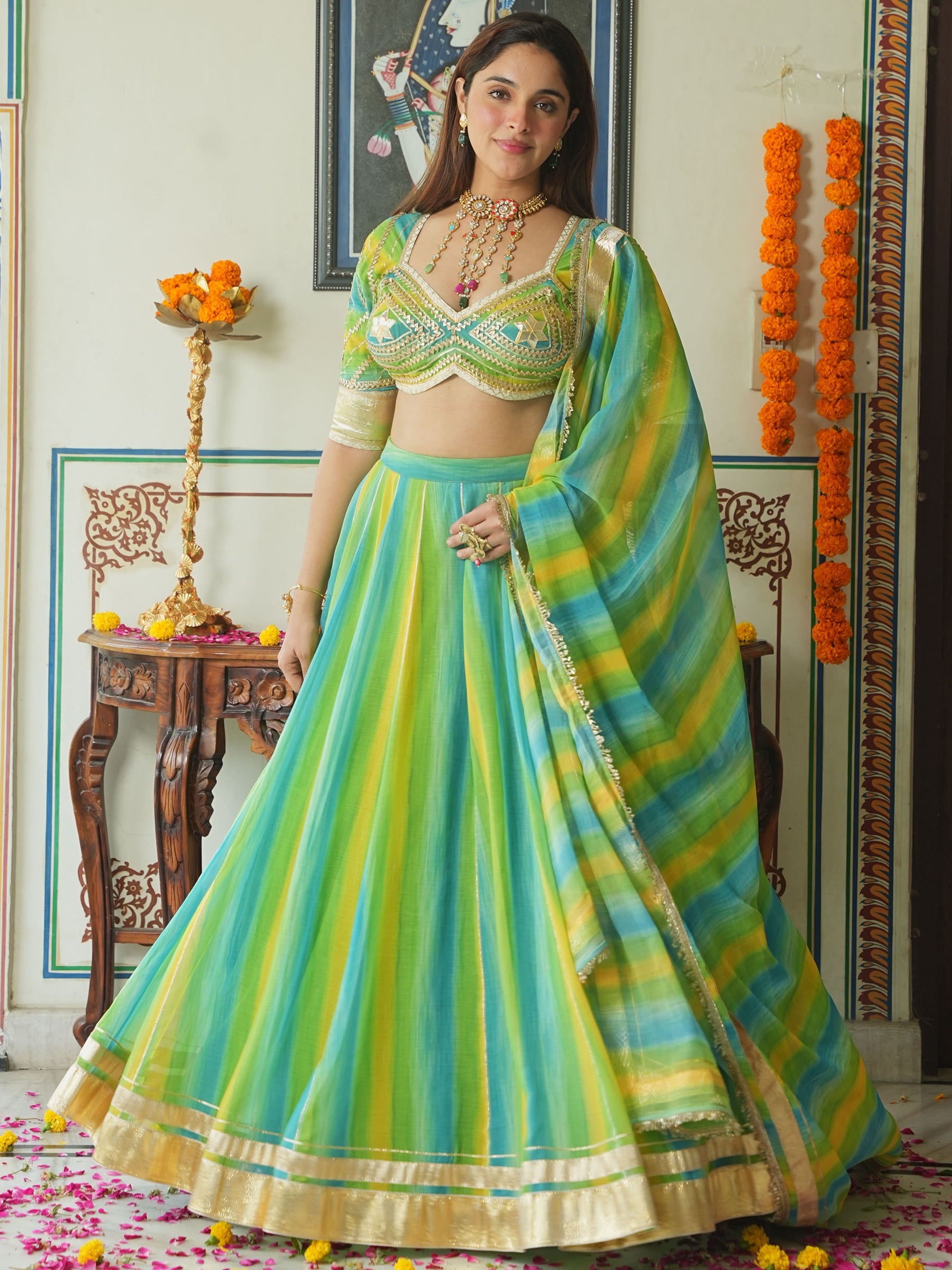 YELLOW AND GREEN LEHENGA SET