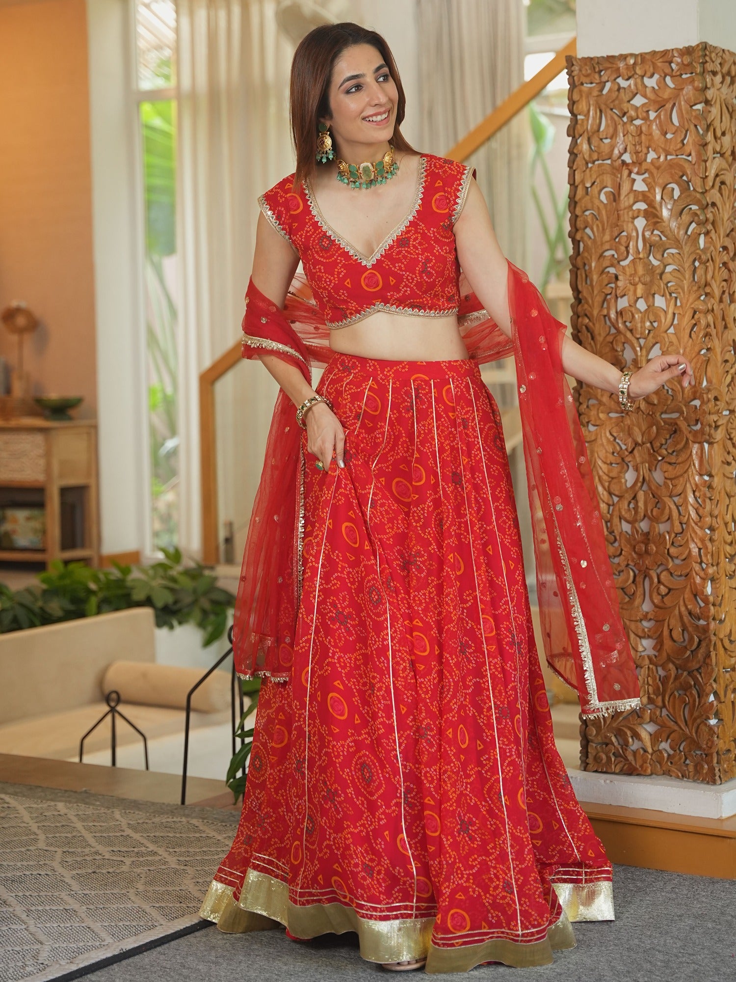 RED BANDHEJ LEHENGA SET