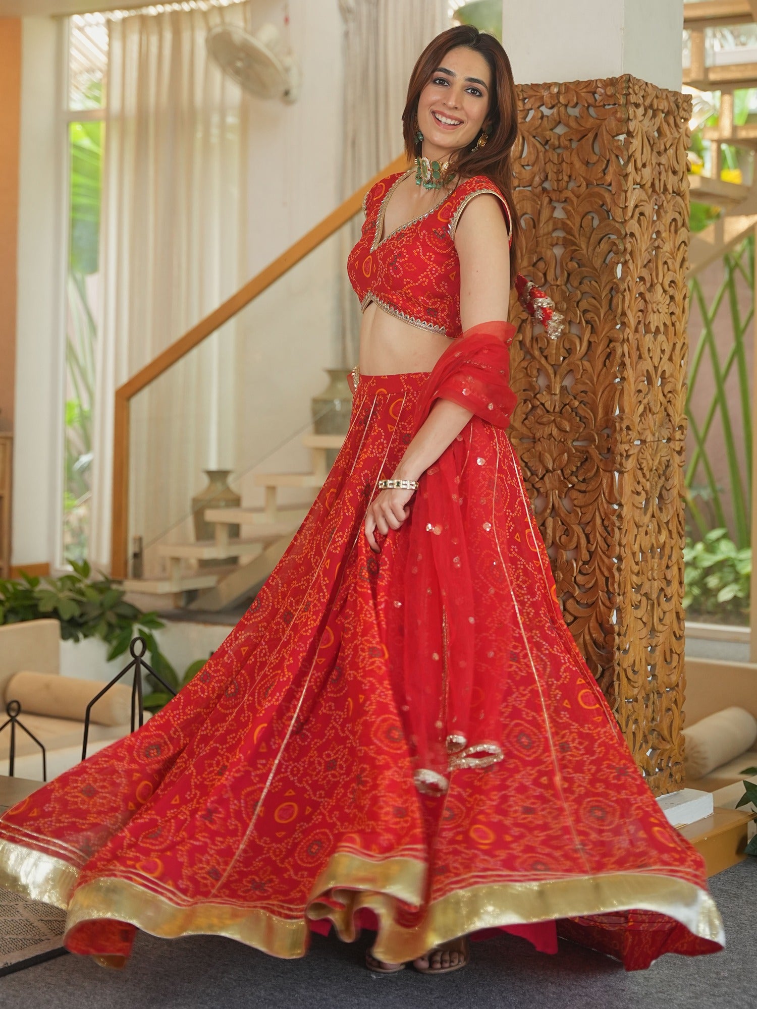 RED BANDHEJ LEHENGA SET